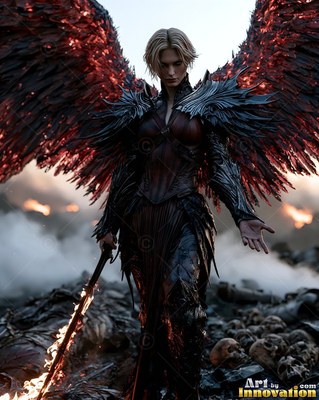 Standing in a smoke-filled battlefield, a woman with feathered wings holds a burning sword
