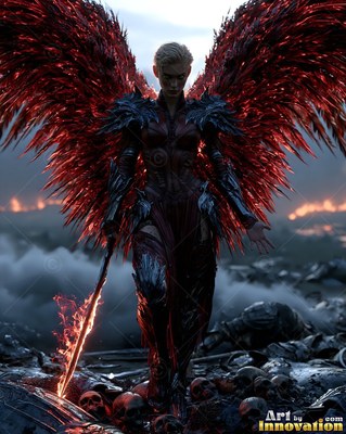A woman in dark armor with red feathered wings holds a fiery sword on a battlefield