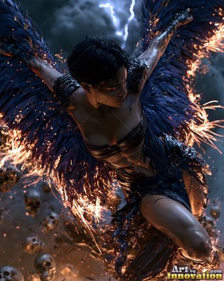 In a dark stormy sky, a winged woman flies down with burning blue feathers