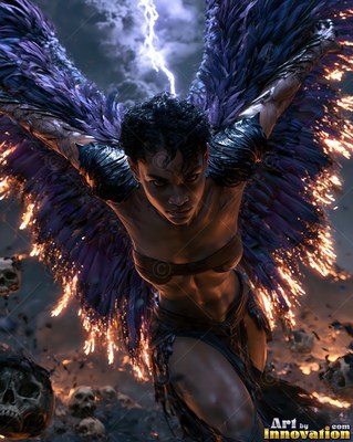 Diving through lightning, a winged woman spreads burning purple wings over skulls