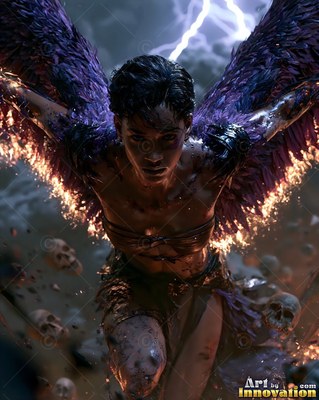 A winged woman dives downward with burning purple wings