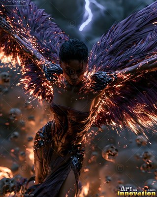 Dark purple wings burst with sparks on a woman flying across a stormy night sky with lightning