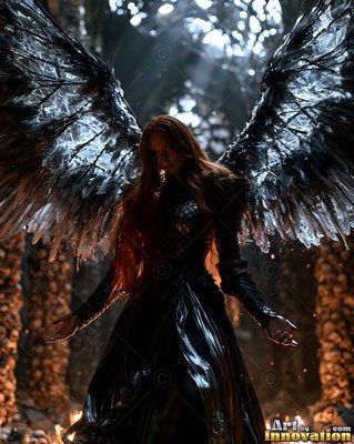 A winged woman lowers her open hands under a shaft of pale overhead light