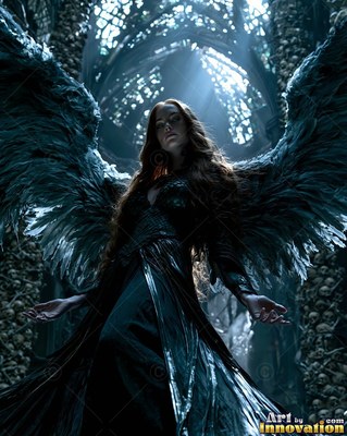 Standing facing forward in a bone cathedral, a woman with feathered wings spreads her dark wings