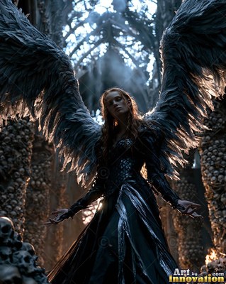 A woman with wings in a dark dress stands between pillars of human skulls