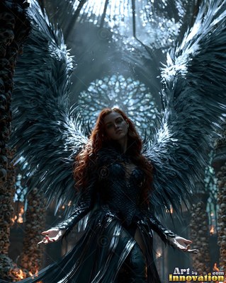 In a dark stone hall, a winged woman in black armor holds out her hands