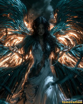 Raising her open hands, a dark-haired woman spreads burning teal wings in a white dress