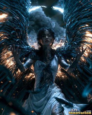A woman with wings in a torn white dress with fire on her feathers