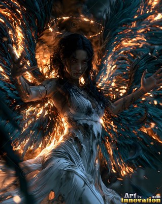 Dressed in a torn white dress, a woman with wings reaches out in a dark sky of fire