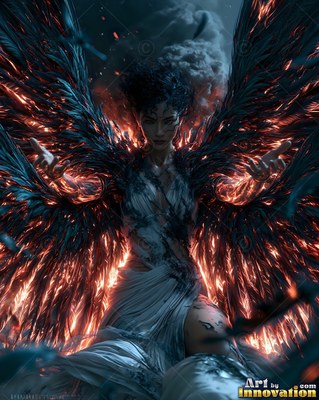 A dark-winged woman opens her hands as fiery orange light shines through her black feathers
