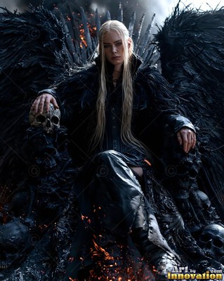 Seated on a dark skull throne, a blonde woman with feathered wings wears black leather