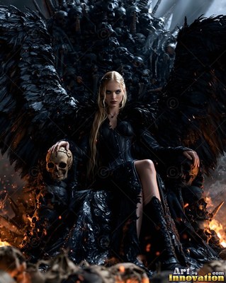 A blonde woman with black wings sits on a skull throne in fire light
