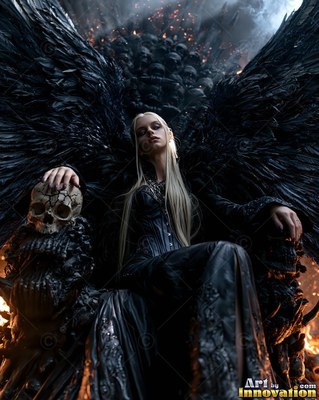 On a skull throne, a blonde woman with feathered wings in black rests her hand on a bone