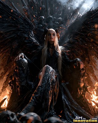 Sitting on a skull throne, a woman with feathered wings in black looks forward before a wall of fire