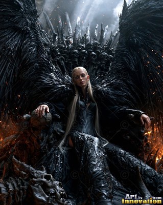 Blonde woman with black wings sits on a dark throne of skulls
