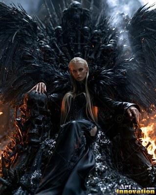 A black feathered collar wraps a blonde woman sitting on a dark throne of skulls near fire