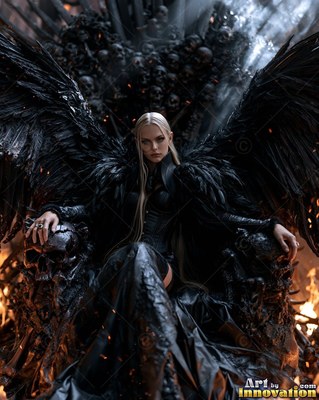 A winged woman sits on a throne of dark skulls, lit by fire behind her