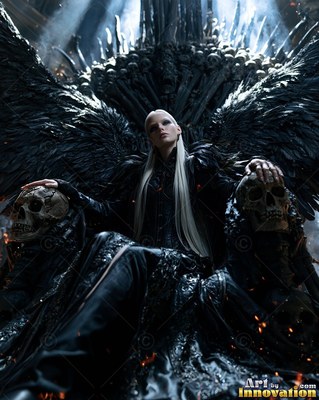 Seated on a bone throne, a winged woman rests her hands on skulls