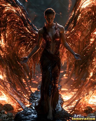 A woman with fiery wings walks forward in a dark cavern above hot lava