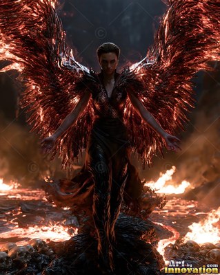 Spreading red feathered wings, a woman with wings stands above burning lava and skulls