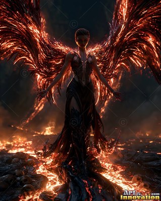 Woman with fiery wings standing on burning ground