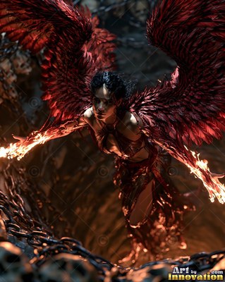 Red feathered wings spread from a woman with wings flying above dark chains with fire on her arms