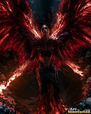 A winged woman spreads large red feather wings with bright fire flowing from her hands