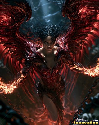 Facing forward in a dark cavern, a woman with red wings holds fire on her hands