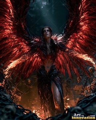 A dark-haired woman spreads red feathered wings above human skulls