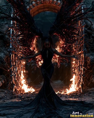 In front of a burning gateway, a woman spreads dark feathered wings