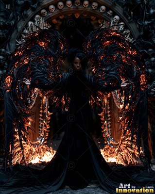Spreading burning black wings, a woman in a black gown stands before a skull arch