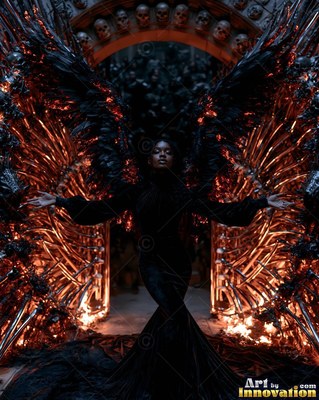 Woman in a black gown spreads dark wings before orange fire