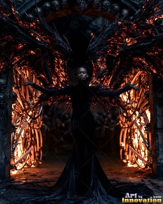 Spread fiery black wings frame a woman standing before a burning stone gate