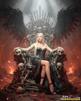 A woman with black wings sits on a throne of skulls against bright orange fire