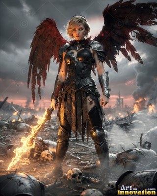 Standing full-length on a smoky battlefield, a woman with wings holds a fiery sword