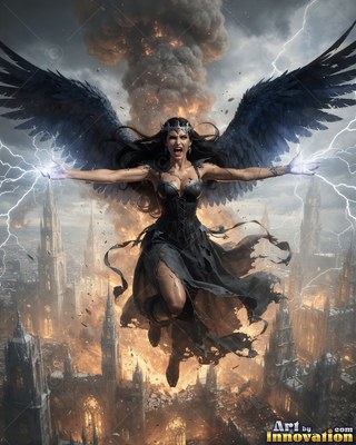 Above a burning city, a woman with feathered wings in a dark dress calls down lightning