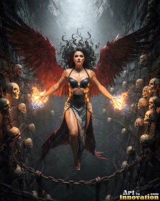 Hovering with red wings, a winged woman holds fire above stone walls of skulls