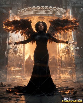 Wearing a black velvet gown, a winged woman stands before a burning doorway with skulls