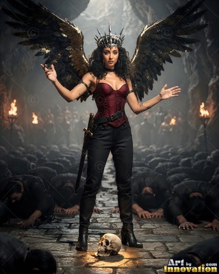 A winged woman raises her hands above bowed men in a dark stone hall lit by torches