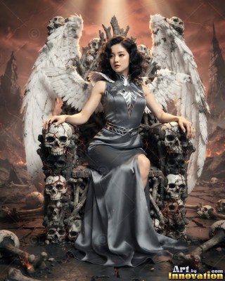 Seated on a bone throne in hell, a woman with wings in gray satin looks aside