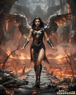 On a fiery stone path lined with skulls, a woman with wings walks in dark armor