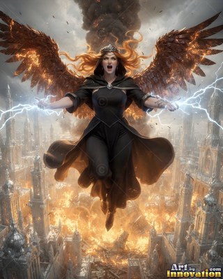 Flying over a burning city, a winged woman in black shoots lightning from her hands