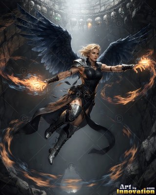 A winged woman in dark armor casting fire from her open hands