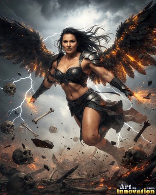 Wearing dark metal armor, a woman with wings flies over a stormy battlefield with lightning