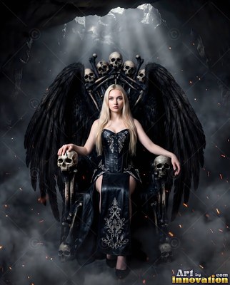 Seated in a dark cave, a winged blonde woman sits on a throne of bones