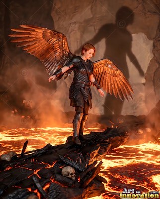 A woman with wings in dark armor stands on charred rocks above hot yellow lava