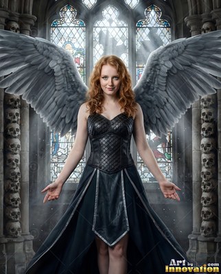 In a stone cathedral, a red-haired winged woman stands in a black dress