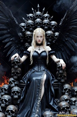 Sitting on a skull throne, a winged woman rests her hands in a black corset dress
