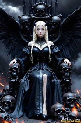 A horned woman with black wings sits on a skull throne