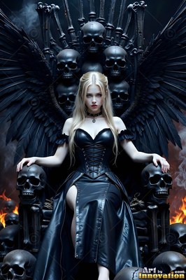 A black leather corset dress on a blonde winged woman sitting on a dark skull throne